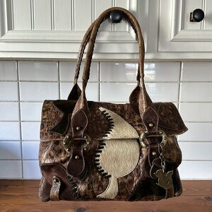 ARCADIA Brown Croc Embossed Satchel with Leather, Suede and Calf Hair Patches